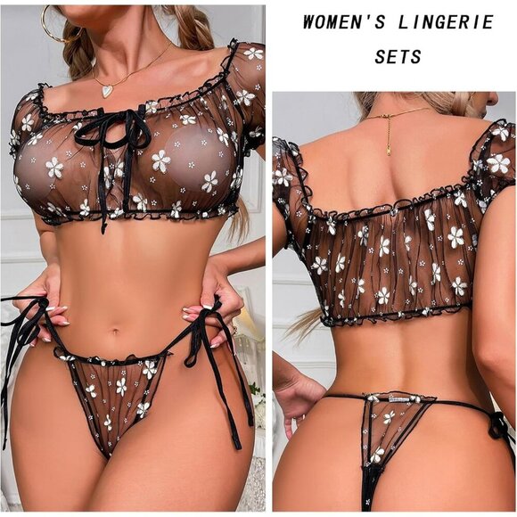 Women's Black Through Two Ways Wear Lingerie Sets Tulle Tie Top Thong Underwear - Picture 2 of 7